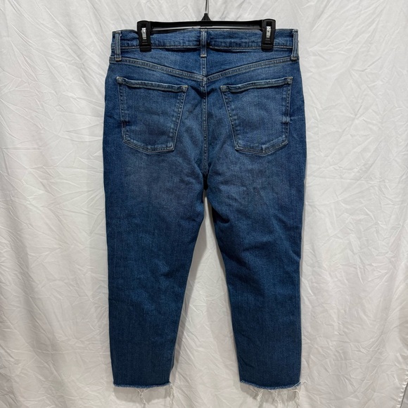 Old Navy Sky Hi Straight Distressed Jeans 14 Extra High Rise Dark Wash Raw Hem - Picture 5 of 9